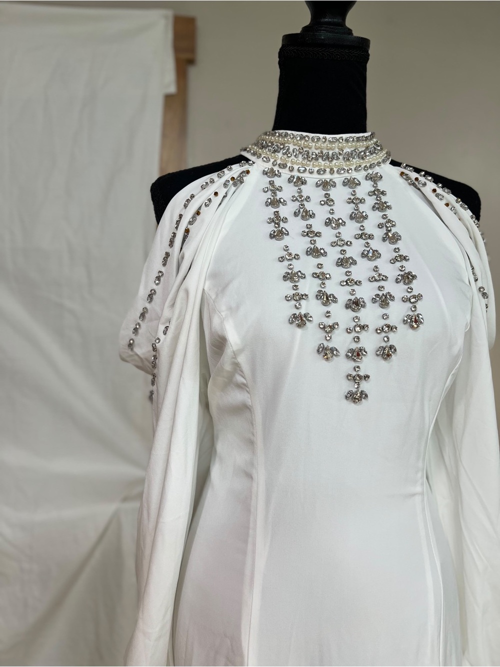 Fashion Nova White Long Sleeve Jeweled High-Neck Gown